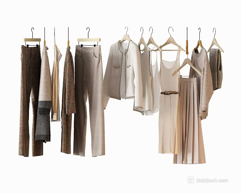 Stylish Hanging Clothes In Neutral Tones Featuring Various Styles Like Pants Shirts And Dresses 3d model 