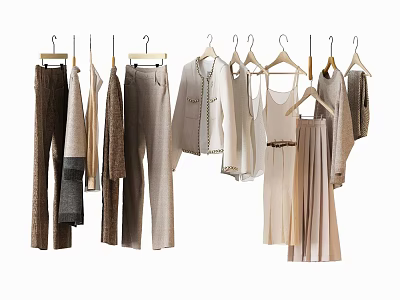 Stylish Hanging Clothes In Neutral Tones Featuring Various Styles Like Pants Shirts And Dresses 3d model