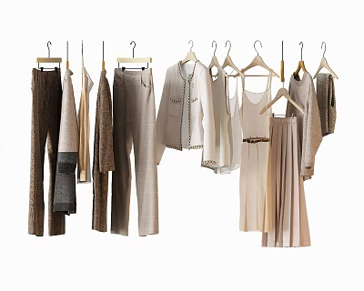 Stylish Hanging Clothes In Neutral Tones Featuring Various Styles Like Pants Shirts And Dresses 3d model
