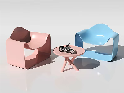 Modern Table and Chair Set with Pink Blue Chairs and Small Motorcycle Model on Table 3d model