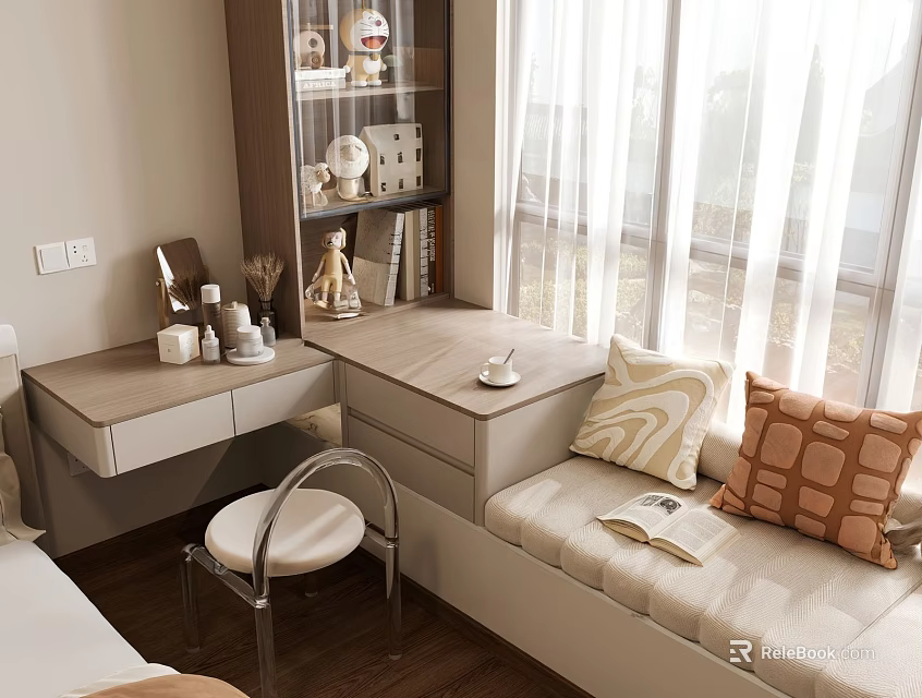 Cozy Bay Window Cabinet Nook with Sofa Seat Pillows and Natural Light 3d model 