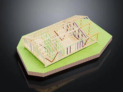 Wooden House Frame Construction Model With Green Grass Base And Transparent Roof 3d model