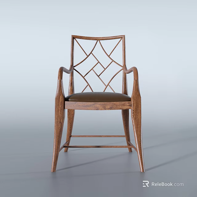 Wooden Dining Chair With Armrests And Geometric Pattern Backrest And Leather Seat 3d model 