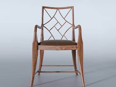 Wooden Dining Chair With Armrests And Geometric Pattern Backrest And Leather Seat 3d model