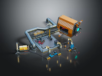 Industrial Mechanical Equipment Setup Featuring Orange Yellow Structure Curved Metal Pipes And Small Tools 3d model
