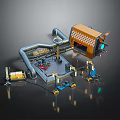Industrial Mechanical Equipment Setup Featuring Orange Yellow Structure Curved Metal Pipes And Small Tools