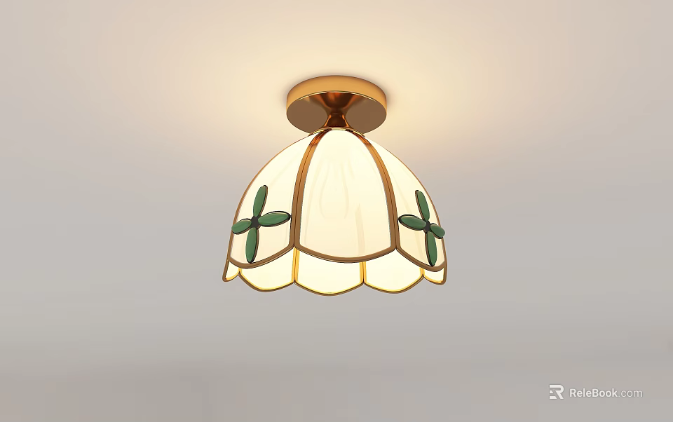Elegant Ceiling Light With White Lampshade Green Cross Decorations And Golden Base 3d model 