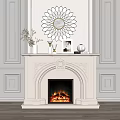 Ornate White Fireplace with Sunflower Mirror Framed Photo and Decor in Gray Paneled Interior