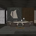 Modern Restaurant Interior With Round Dining Table Gray Chairs Geometric Wall Art And Ambient Lighting