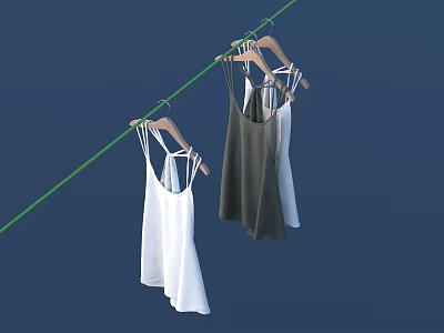 Camisoles In Various Colors On Wooden Hangers Hanging From Green Clothesline 3d model