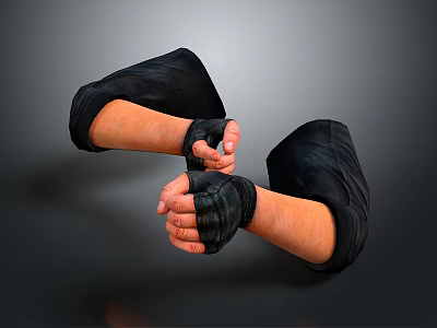 Man With Black Gloves On Arms Showing Fist Gesture Against Gray Background 3d model