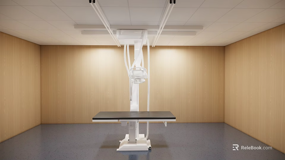 Modern Examination Room With Ceiling Mounted Medical Equipment Wooden Walls And Dark Flooring 3d model 