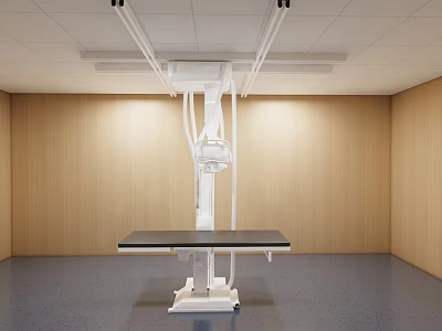 Modern Examination Room With Ceiling Mounted Medical Equipment Wooden Walls And Dark Flooring 3d model