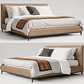 Modern Double Bed With Brown Headboard White Bedding Plaid Pillows And Brown Throw 3d model