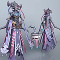 Game Fantasy Character With Elaborate Purple Pink Costumes Flowing Ribbons And Lantern Accessory