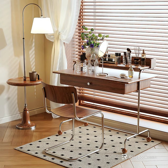 Modern Wooden Dressing Table With Mirror Cosmetics Vase Chair Table Lamp And Rug 3d model 