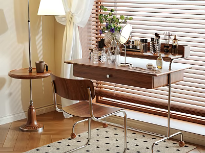 Modern Wooden Dressing Table With Mirror Cosmetics Vase Chair Table Lamp And Rug 3d model