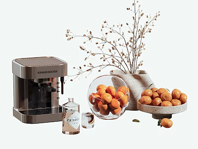 Fresh Orange Fruits in Glass Bowl and Plate with Coffee Machine and Dried Branches 3d model