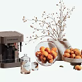 Fresh Orange Fruits in Glass Bowl and Plate with Coffee Machine and Dried Branches