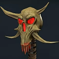 Dark Warrior Wielding Demon Horned Weapon With Green Blade And Skull Decoration