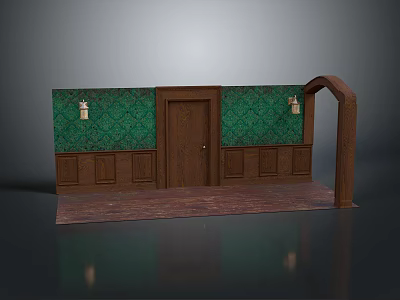 Vintage Interior Scene Featuring Green Patterned Wall Brown Wooden Door Arched Frame And Wall Sconces 3d model