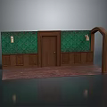 Vintage Interior Scene Featuring Green Patterned Wall Brown Wooden Door Arched Frame And Wall Sconces