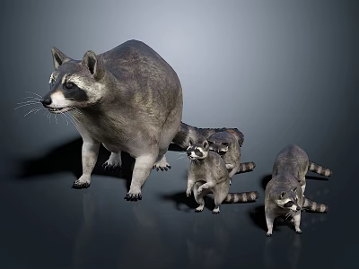 Mother Raccoon With Three Baby Raccoons Standing On Dark Background 3d model