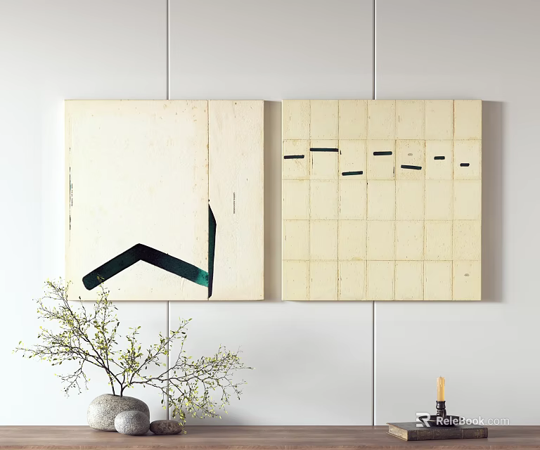 Abstract Wall Art With Beige Background Geometric Design Grid Pattern Vase Branches And Candle 3d model
