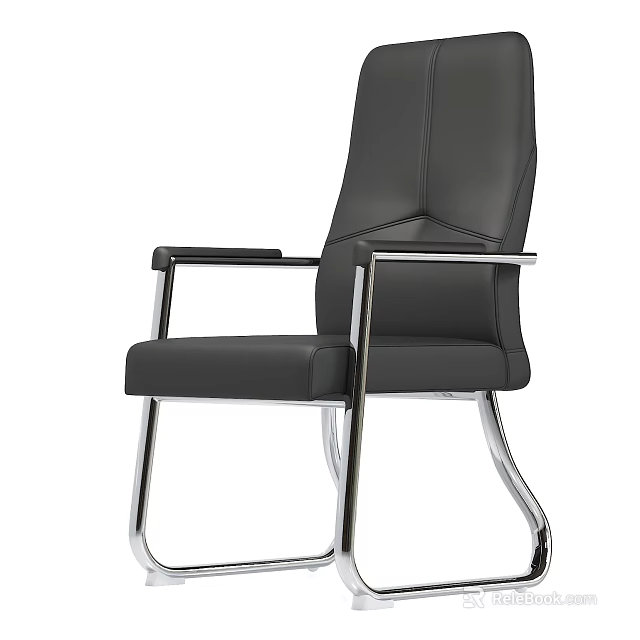 Modern Black Leather Office Chair With Silver Metal Frame And Armrests 3d model 
