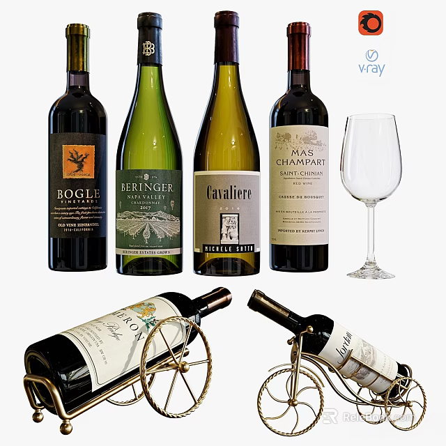 Assorted Wine Bottles With Different Labels And Wine Glass On Racks 3d model 