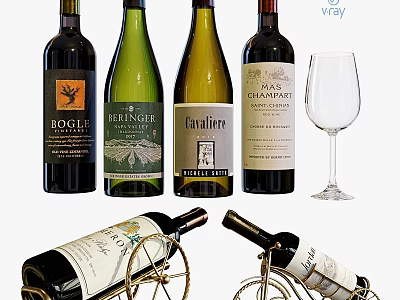 Assorted Wine Bottles With Different Labels And Wine Glass On Racks 3d model