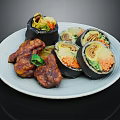 Delicious Black Rolls With Fried Chicken Pieces And Fresh Vegetables On White Plate