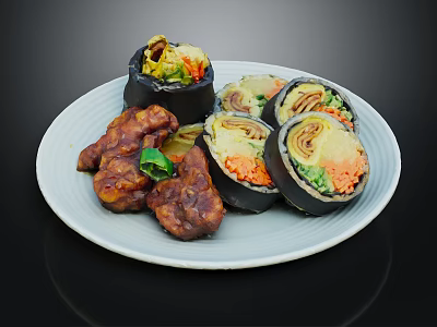 Delicious Black Rolls With Fried Chicken Pieces And Fresh Vegetables On White Plate 3d model