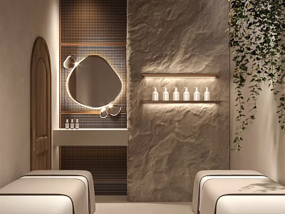Modern SPA Sauna Interior Design With Stone Wall Round Mirror And White Massage Beds 3d model