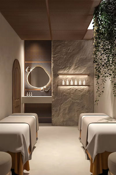 Modern SPA Sauna Interior Design With Stone Wall Round Mirror And White Massage Beds 3d model