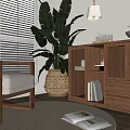 Comfortable Leisure Chair In Cozy Room With Window Blinds Leafy Plant And Wooden Cabinet