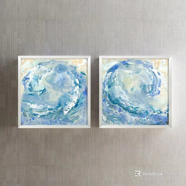 Two Blue And White Abstract Paintings In White Frames Hung On Gray Wall 3d model
