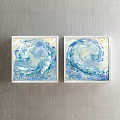 Two Blue And White Abstract Paintings In White Frames Hung On Gray Wall 3d model