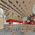 Modern Restaurant Interior Featuring Wooden Ceiling White Lantern Lights Red Walls And Tables