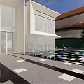 Modern Commercial Landscape With White Architectural Structures Geometric Plaza Trees And Open Sky