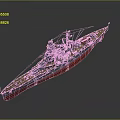 Detailed Military Battleship Weapon Model With Gray Hull And Red Bottom Design