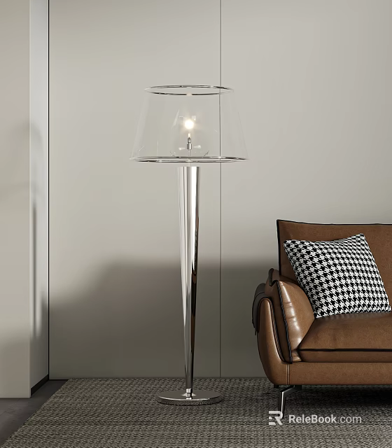 Modern Floor Lamp With Clear Lampshade By Brown Leather Sofa And Checkered Cushion 3d model 