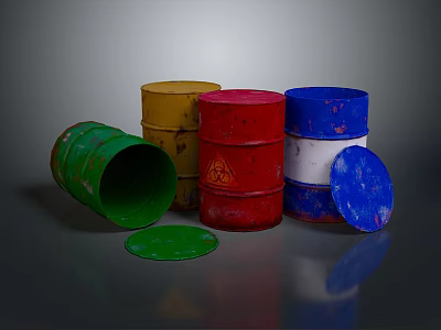 Colored Metal Drums Including Open Green Barrel and Detached Yellow Red Blue Lids 3d model