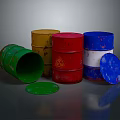 Colored Metal Drums Including Open Green Barrel and Detached Yellow Red Blue Lids