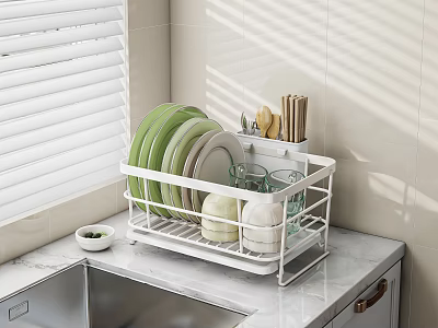 Dinnerware Set in White Rack with Green White Plates Glass Cups on Marble Kitchen Countertop 3d model