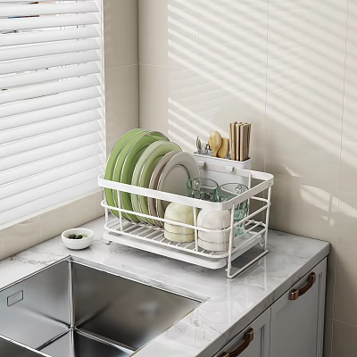 Dinnerware Set in White Rack with Green White Plates Glass Cups on Marble Kitchen Countertop 3d model