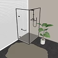 Sleek Shower Head in Black Framed Glass Shower Enclosure with White Blinds and Green Plant