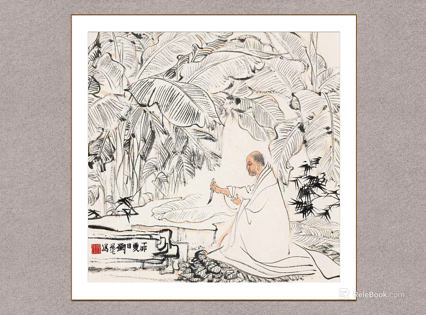 Traditional Chinese Figure Painting Featuring Seated Monk Amid Banana Leaves And Bamboo 3d model 