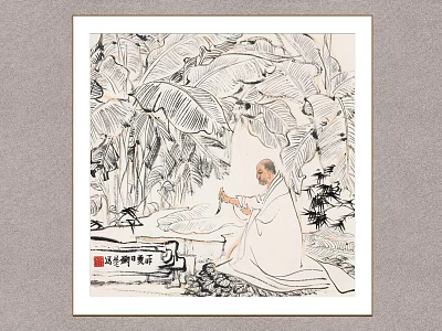 Traditional Chinese Figure Painting Featuring Seated Monk Amid Banana Leaves And Bamboo 3d model