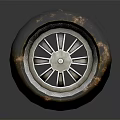 Textured Weathered Tire With Illuminated Teal Glow Rim And Metallic Accent Design